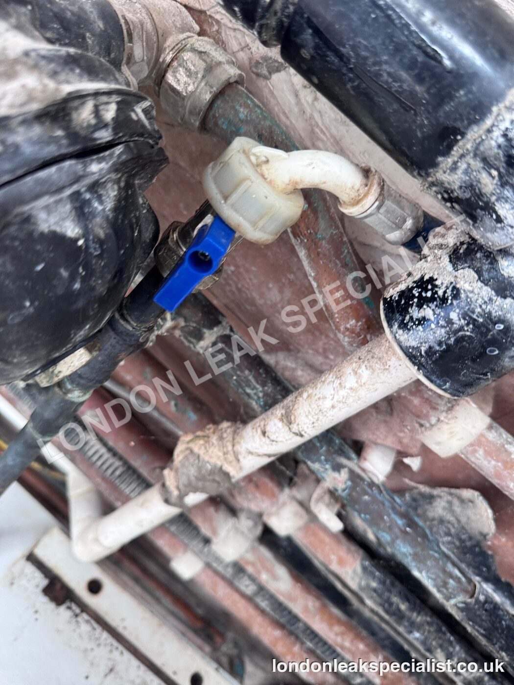 Pipework and a blue-handled valve beneath a kitchen sink
